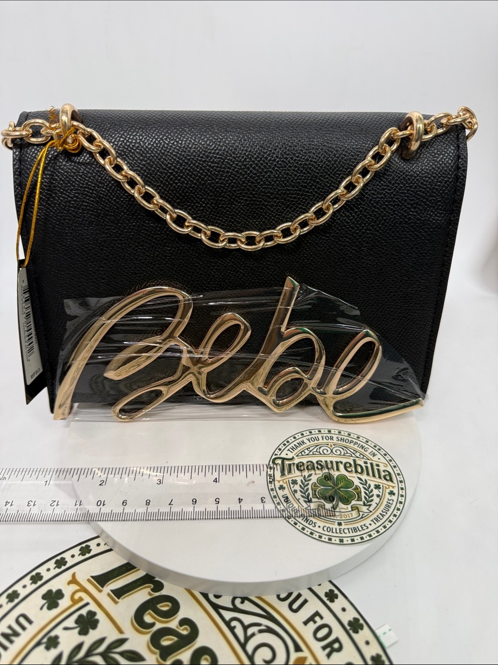 bebe Black Crossbody Bag with Gold Chain and Script Accent